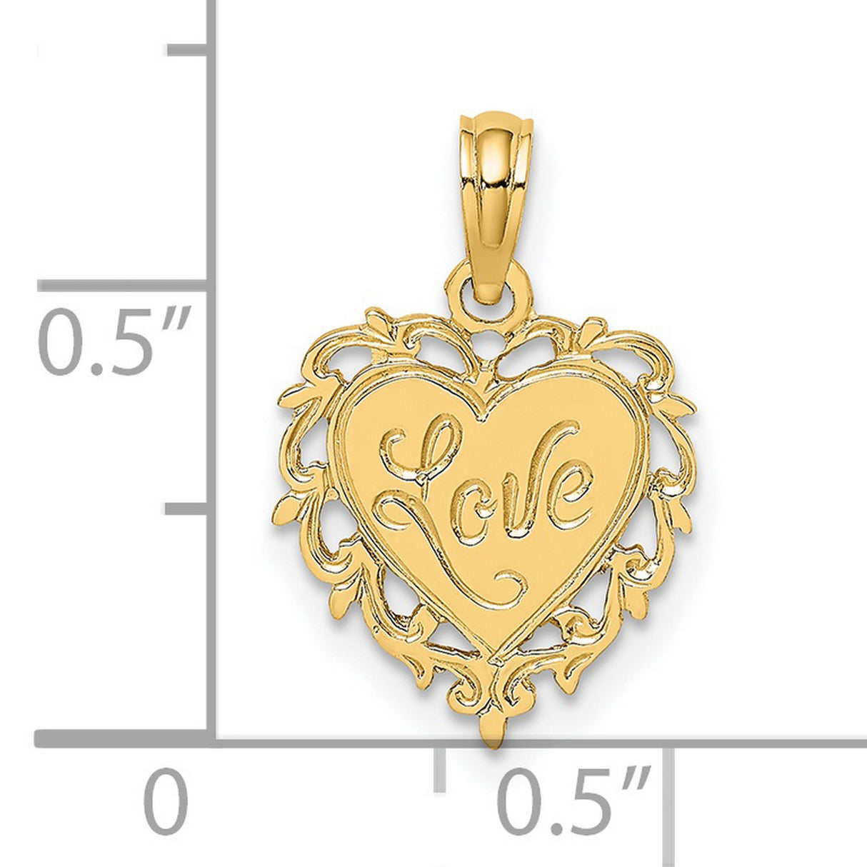 14k Yellow Gold Heart Pendant with Love Symbol and Ornate Filigree Border
