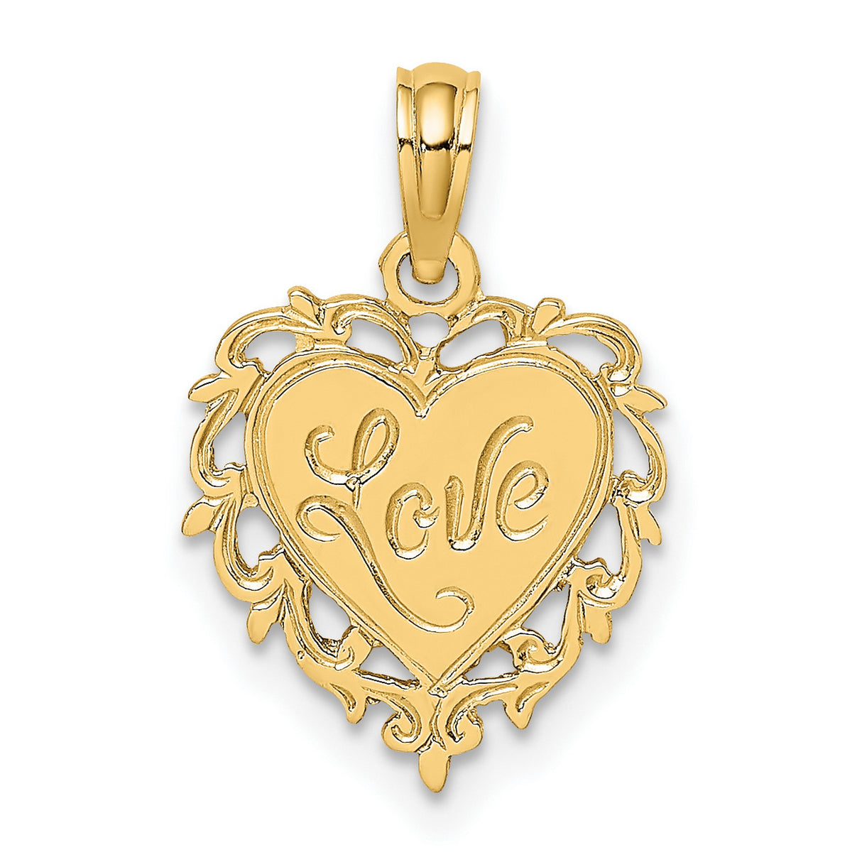 14k Yellow Gold Heart Pendant with Love Symbol and Ornate Filigree Border