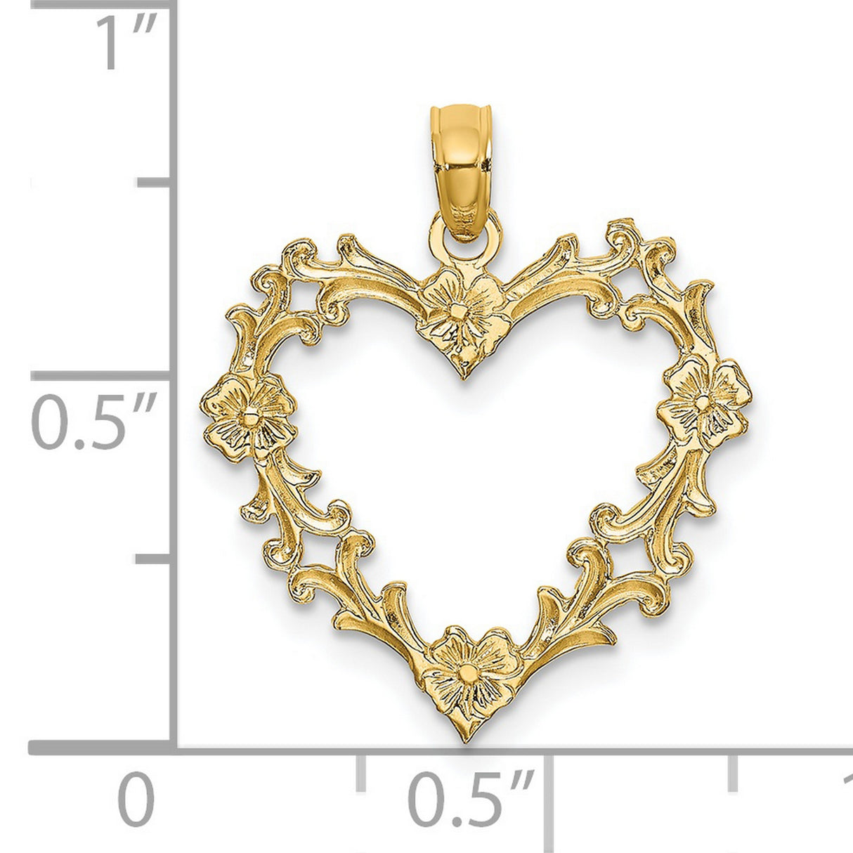 14k Yellow Gold Heart Pendant with Openwork Floral Scrollwork and Filigree Vine Design