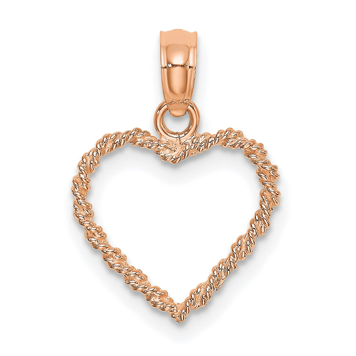 14k Rose Gold Heart Pendant with Twisted Rope Design, Minimalist Open Heart Charm for Women