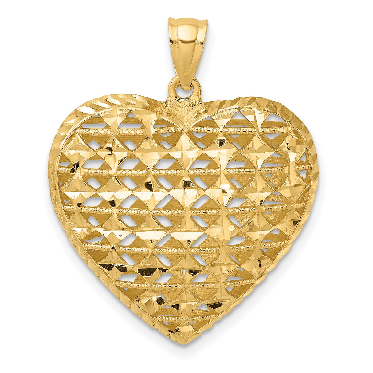 14k Yellow Gold Heart Pendant with Open Lattice Design, Puffed Lightweight Charm for Women