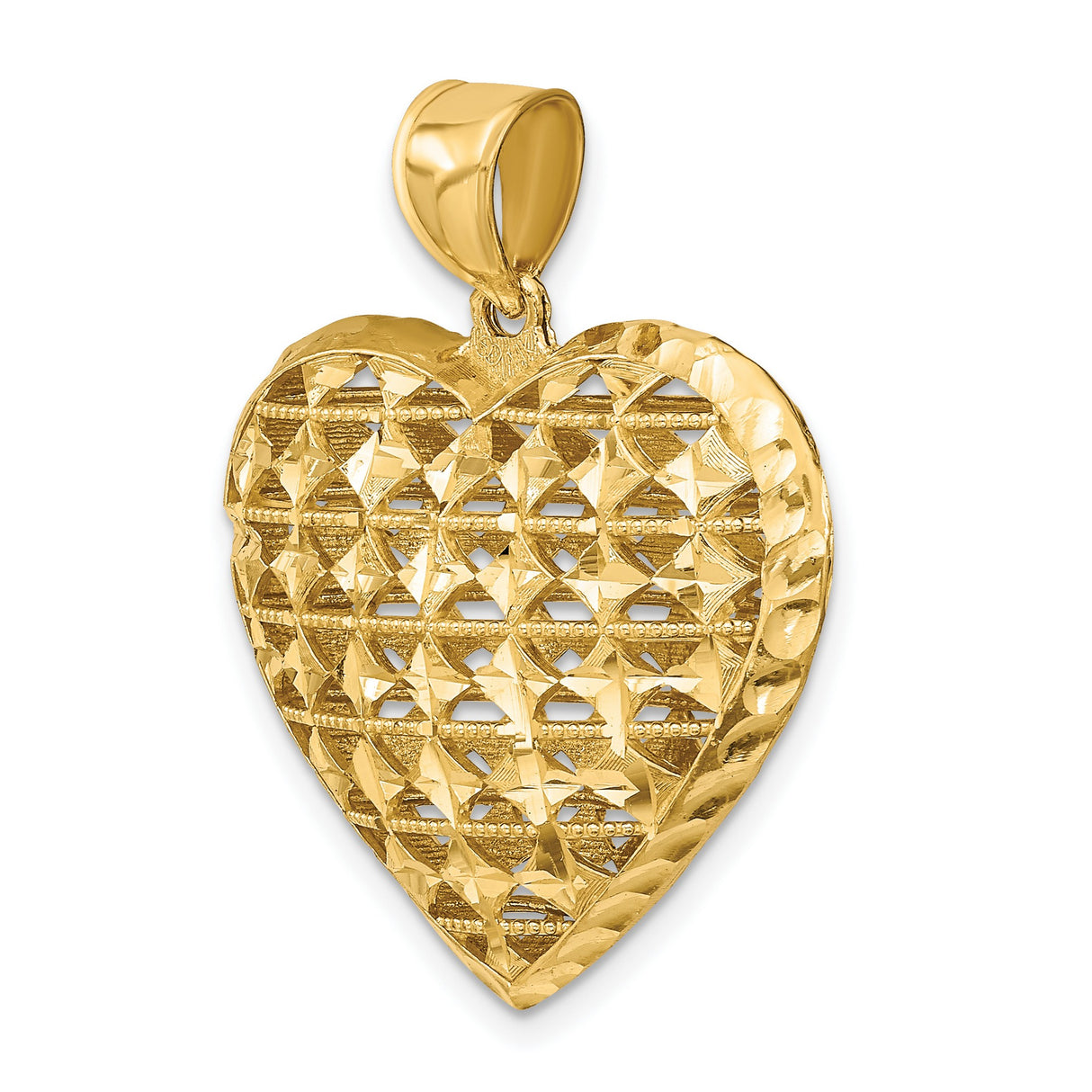14k Yellow Gold Heart Pendant with Open Lattice Design, Puffed Lightweight Charm for Women