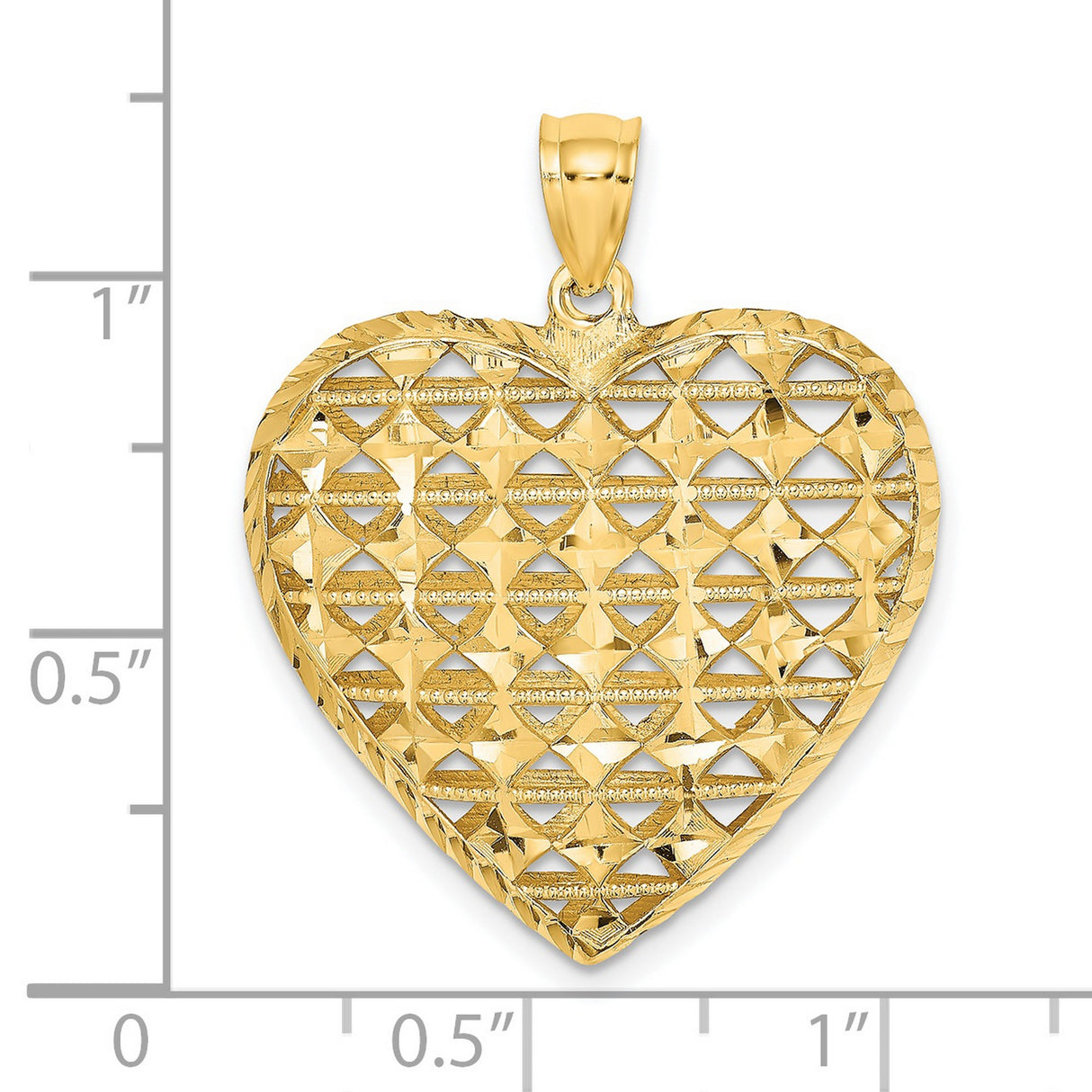 14k Yellow Gold Heart Pendant with Open Lattice Design, Puffed Lightweight Charm for Women