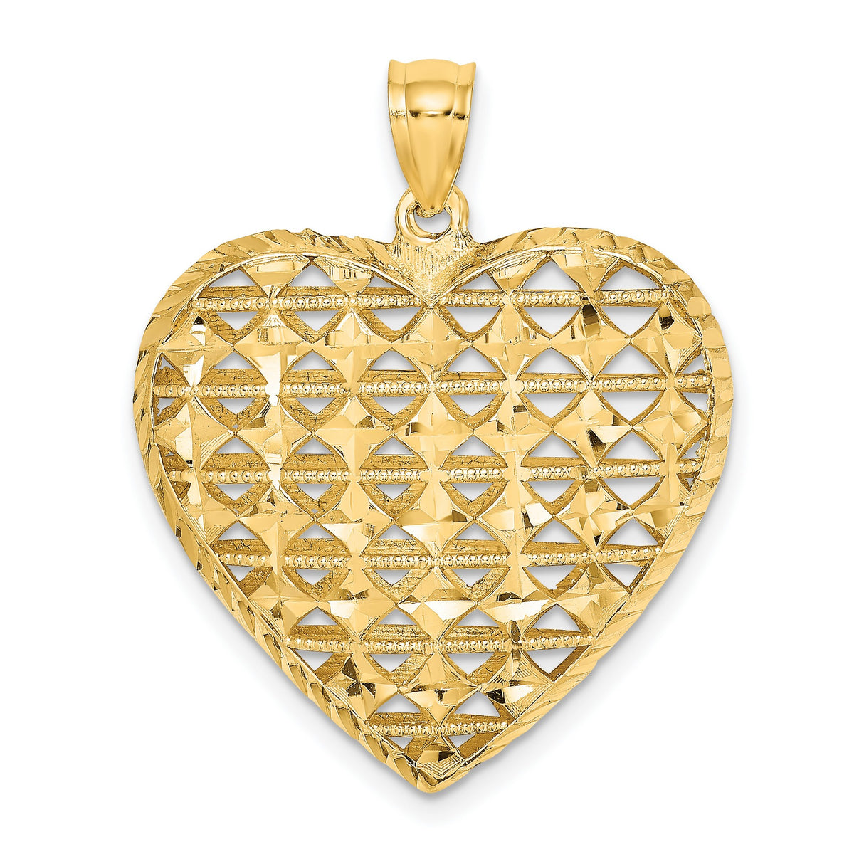 14k Yellow Gold Heart Pendant with Open Lattice Design, Puffed Lightweight Charm for Women