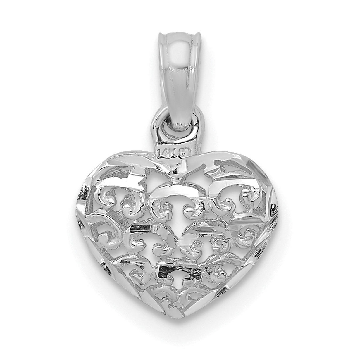 14k White Gold Heart Pendant with Open Filigree Scroll and Floral Design