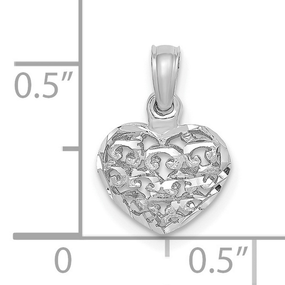14k White Gold Heart Pendant with Open Filigree Scroll and Floral Design
