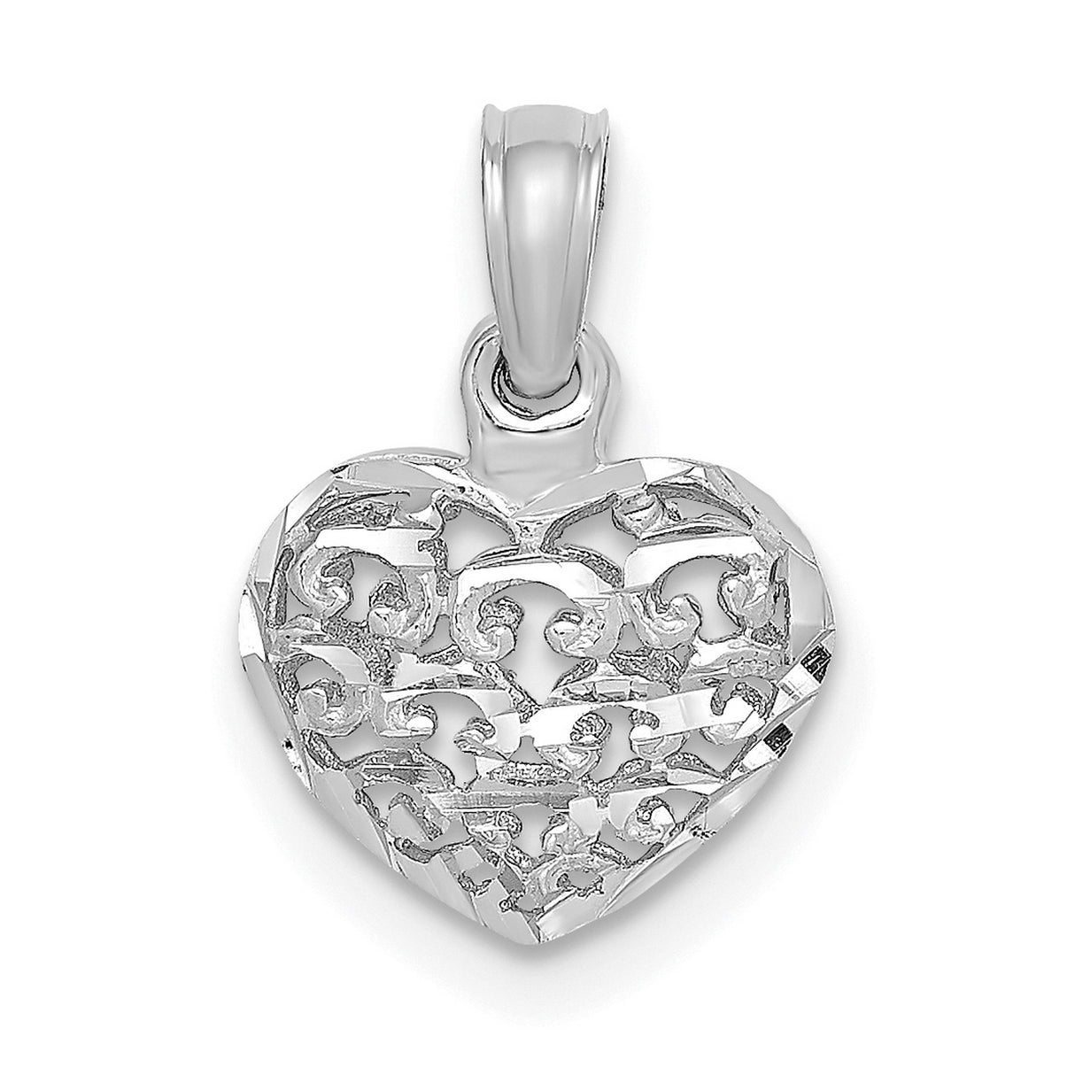 14k White Gold Heart Pendant with Open Filigree Scroll and Floral Design