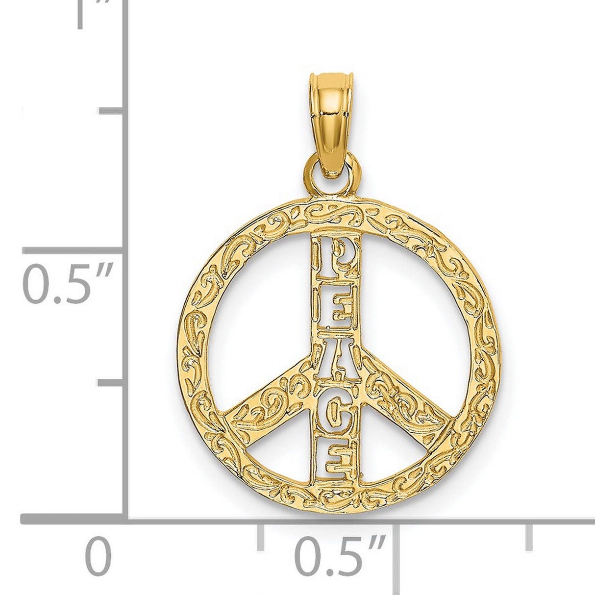 14k Yellow Gold Peace Sign Pendant with Scrollwork and Vertical PEACE Engraving for Women