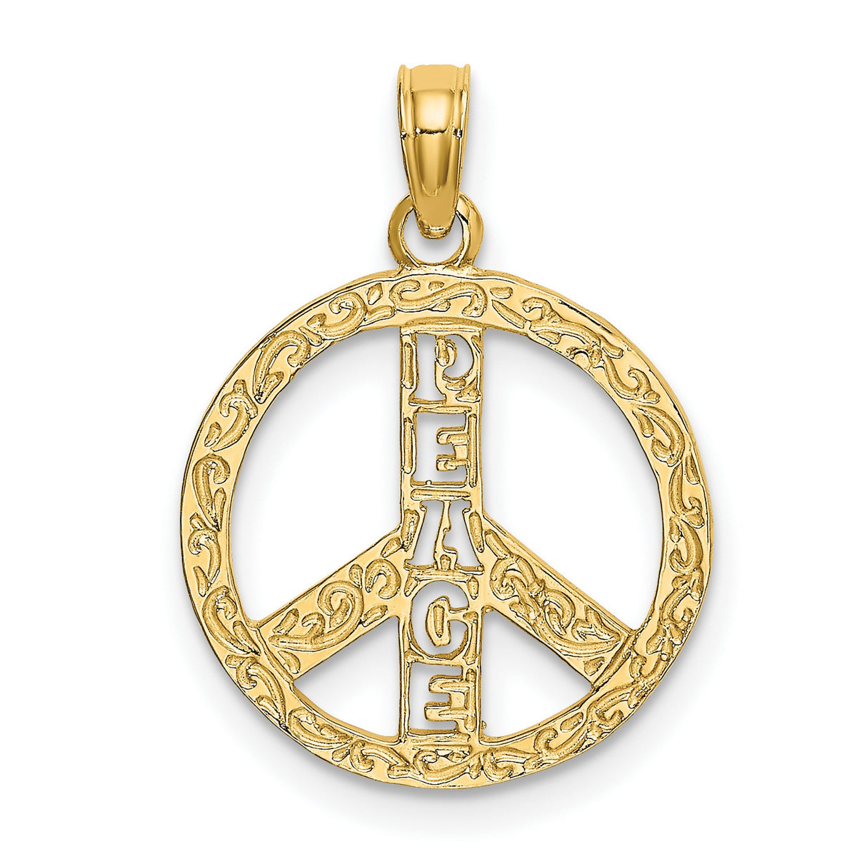 14k Yellow Gold Peace Sign Pendant with Scrollwork and Vertical PEACE Engraving for Women