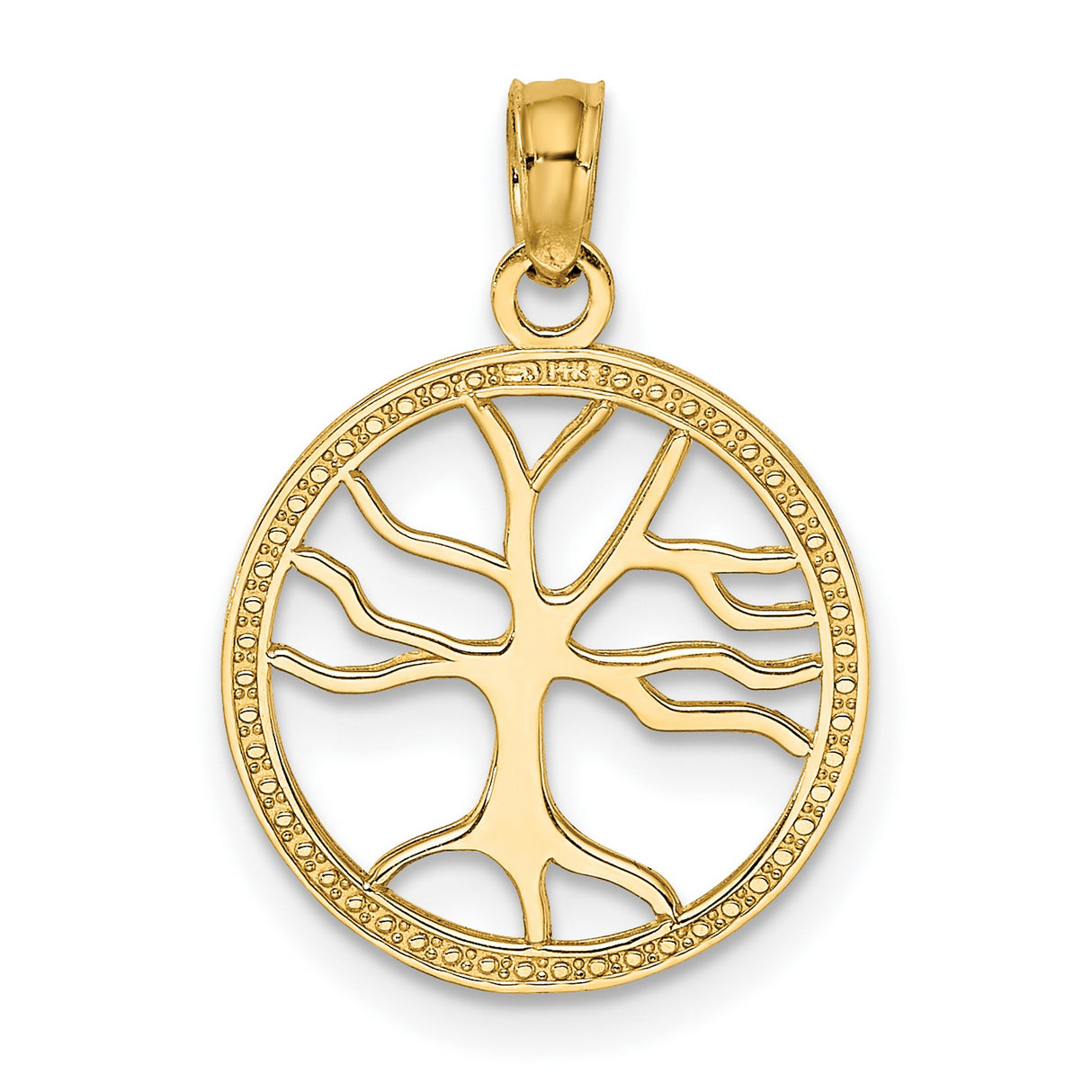 14k Yellow Gold Tree of Life Pendant with Openwork Design in Beaded Circle Frame
