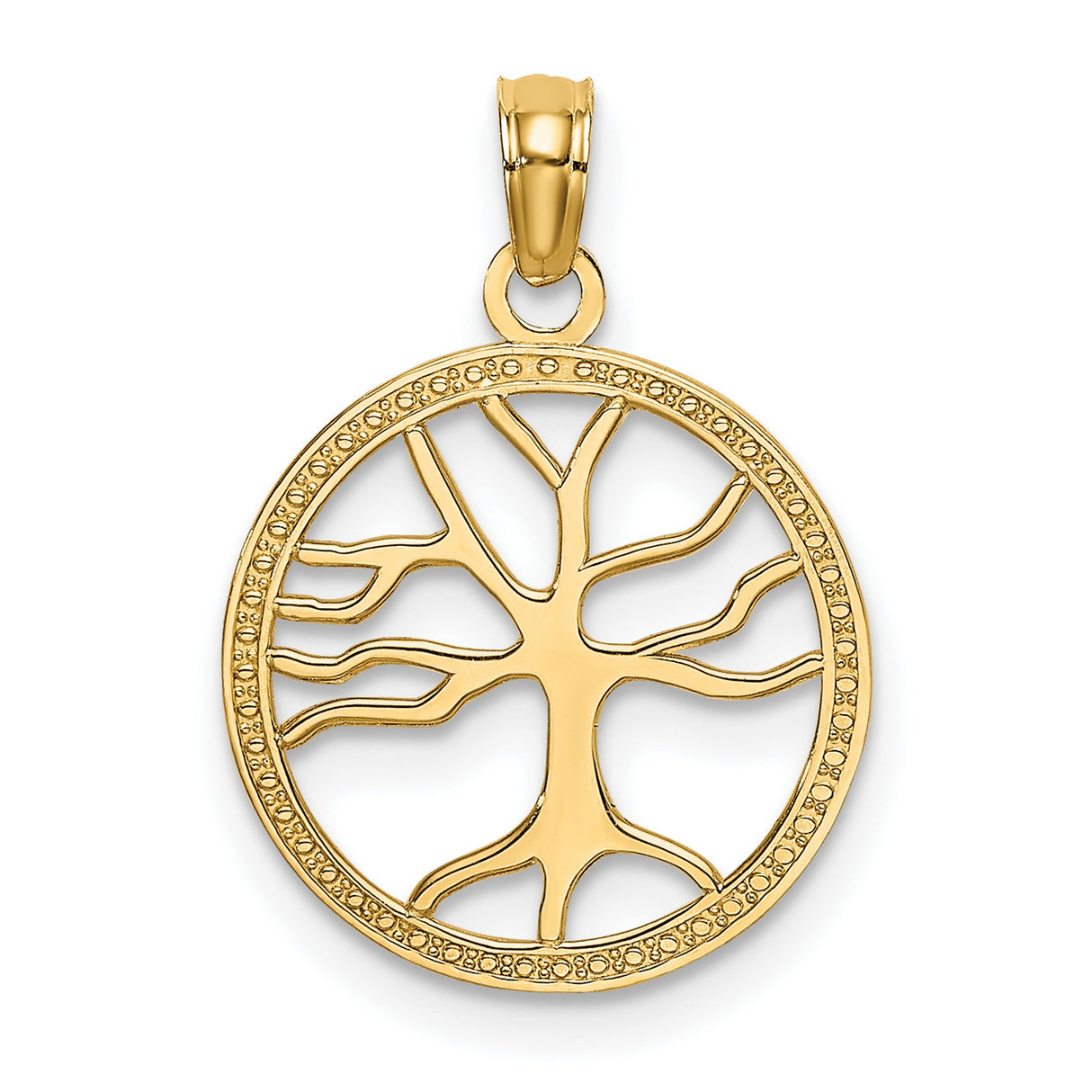 14k Yellow Gold Tree of Life Pendant with Openwork Design in Beaded Circle Frame