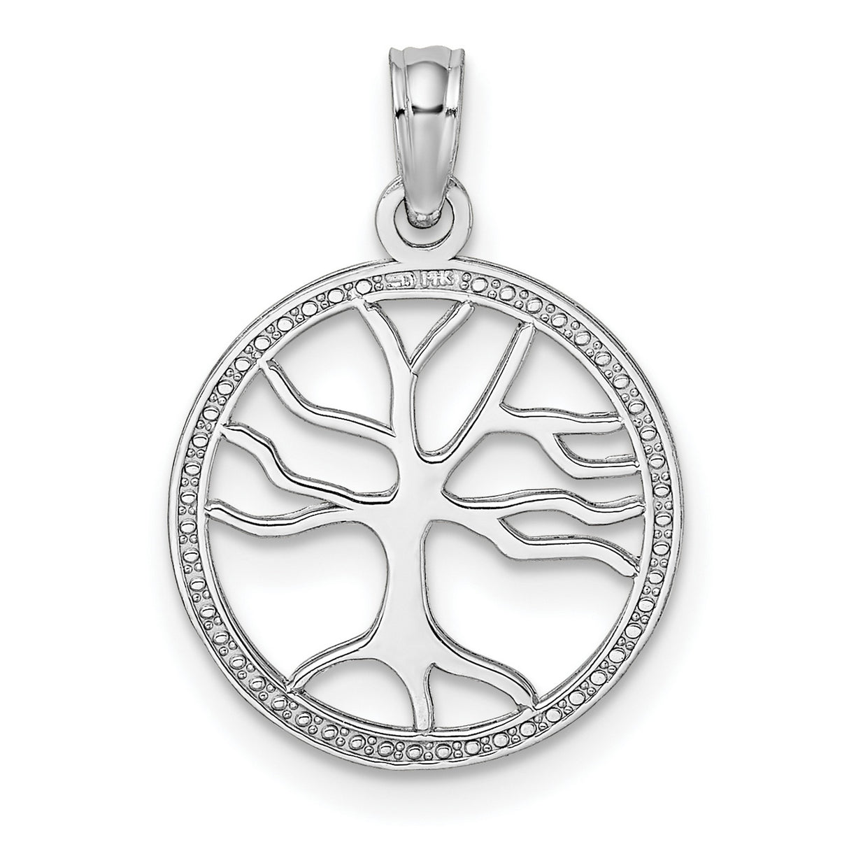 14k White Gold Tree of Life Pendant with Openwork Design and Beaded Edge