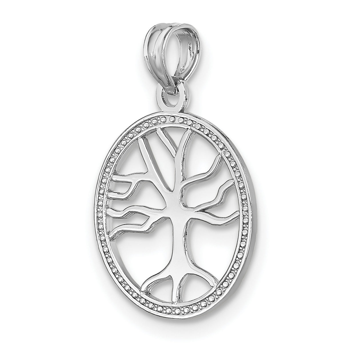 14k White Gold Tree of Life Pendant with Openwork Design and Beaded Edge