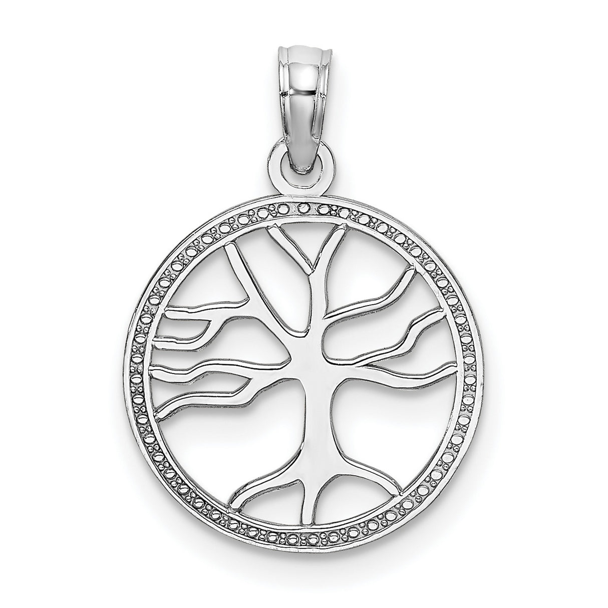 14k White Gold Tree of Life Pendant with Openwork Design and Beaded Edge
