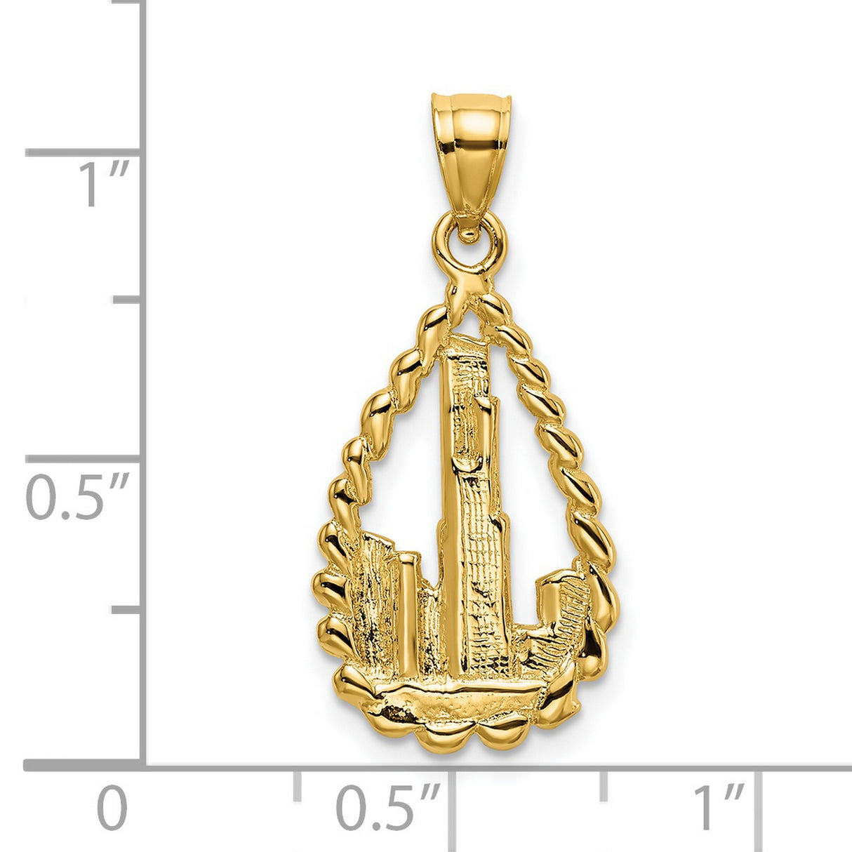 14k Yellow Gold Teardrop Pendant, Urban Skyline Design with Twisted Rope Border