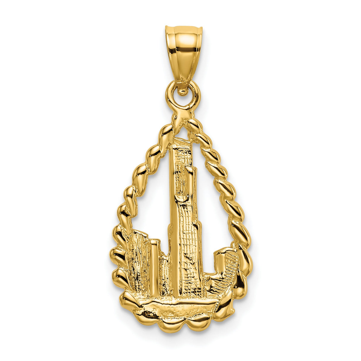 14k Yellow Gold Teardrop Pendant, Urban Skyline Design with Twisted Rope Border