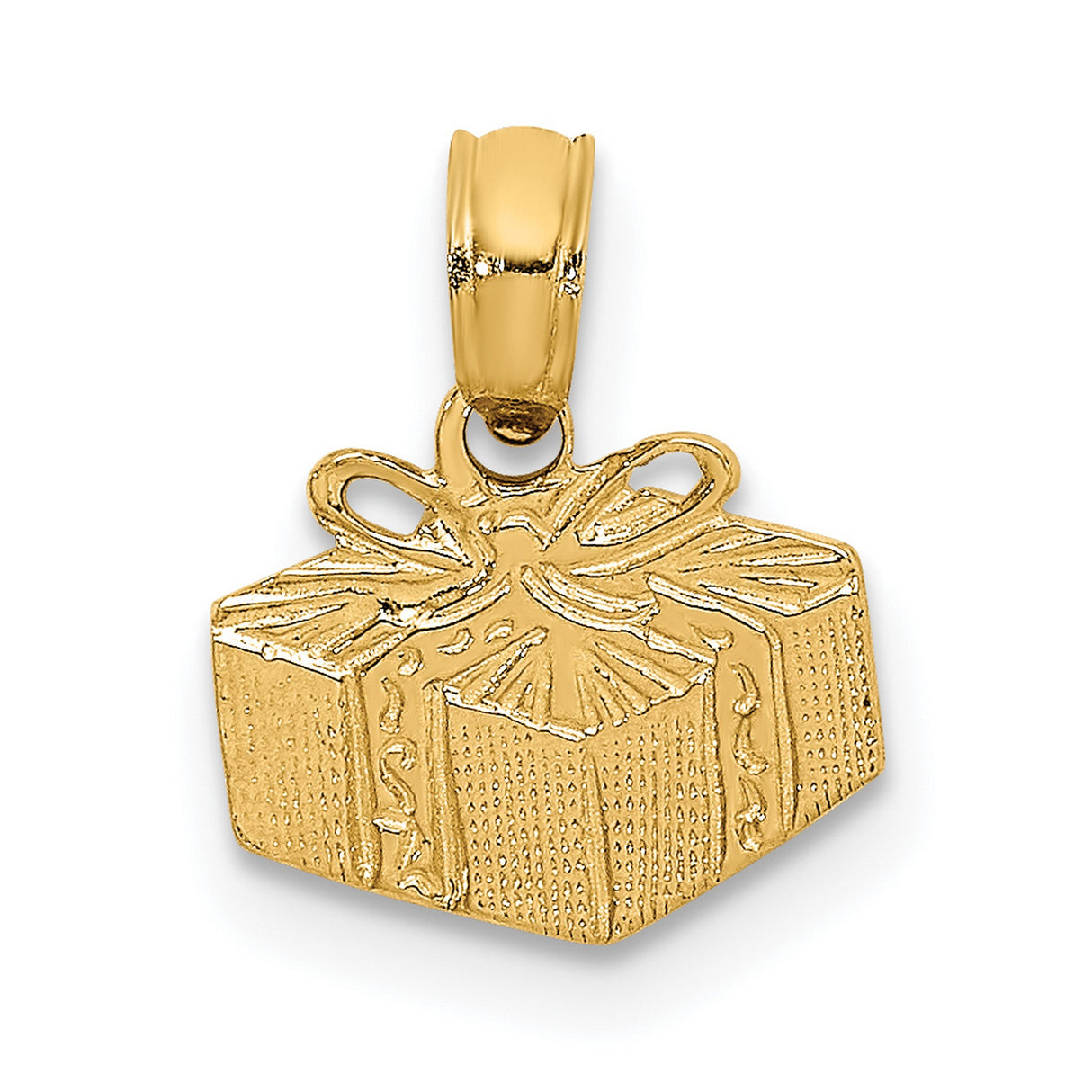 14k Yellow Gold Pendant with Ribbon Detail, Box Charm Design, Unisex Anniversary