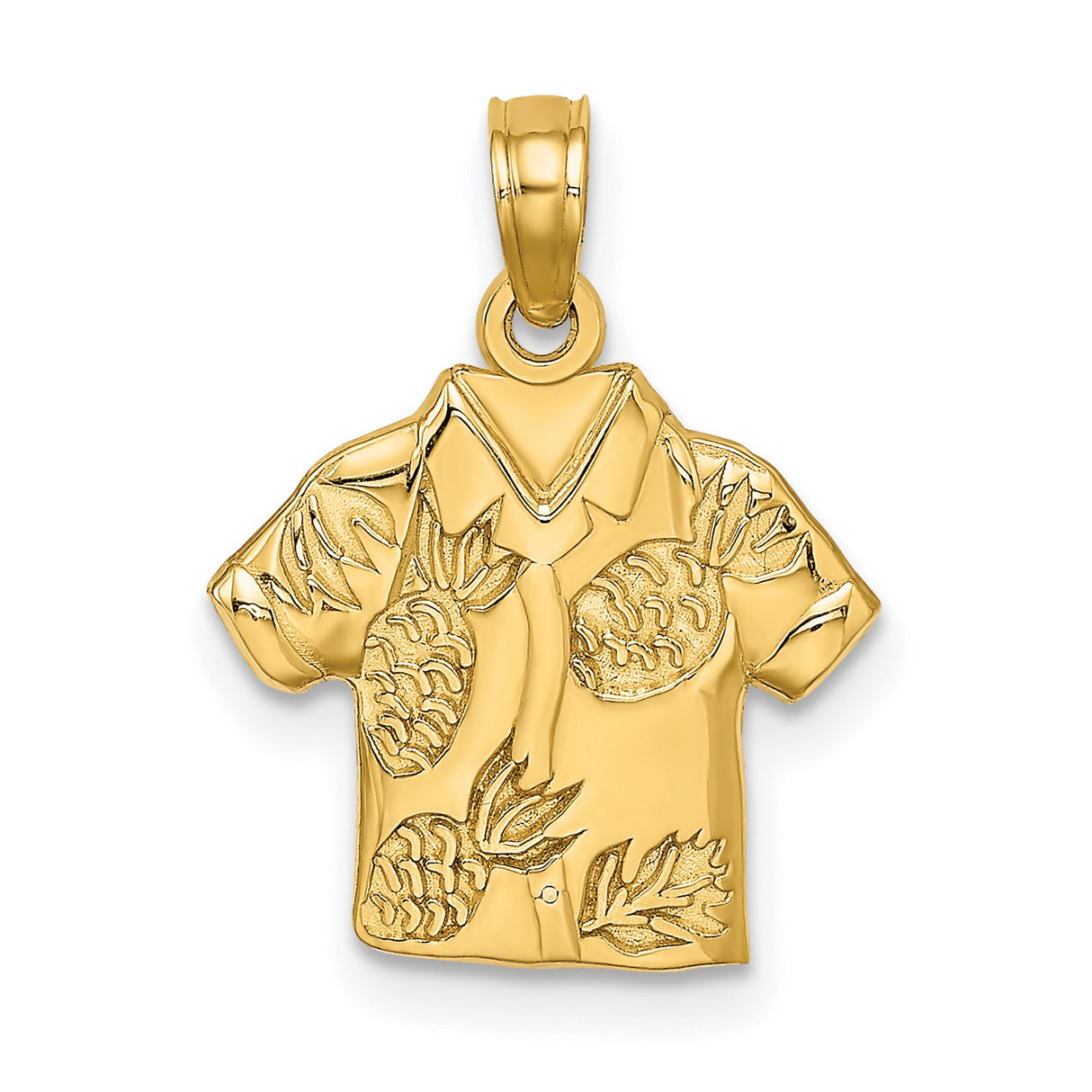 14k Yellow Gold Hawaiian Shirt Pendant with Pineapple and Leaf Detail, Tropical Unisex Charm