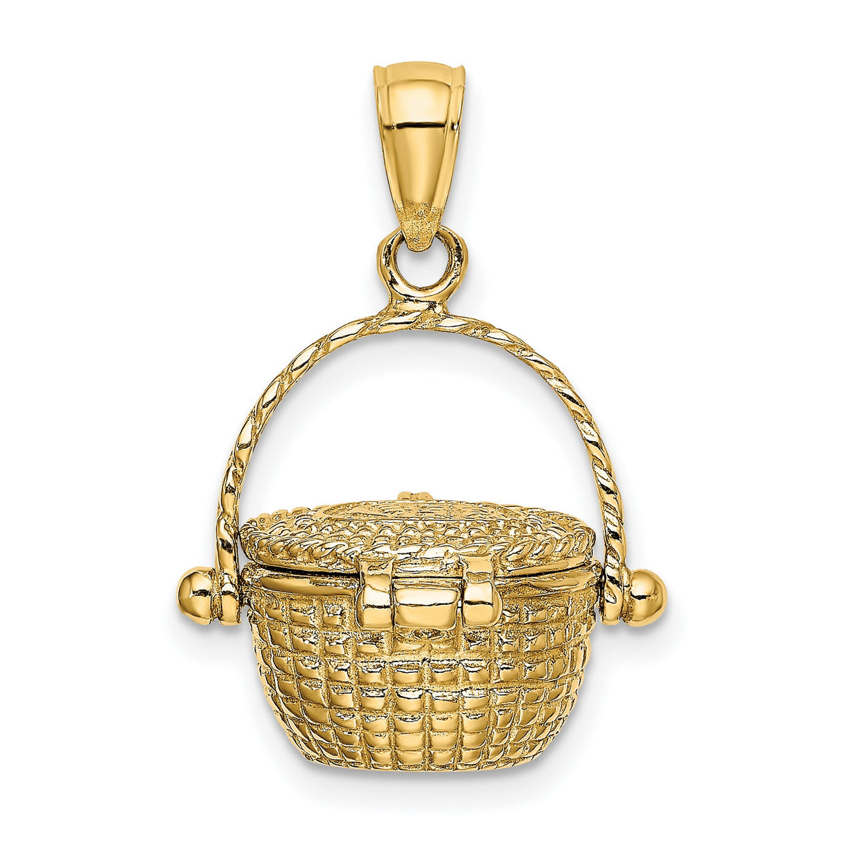 14k Yellow Gold Nantucket Basket Pendant with Hinged Lid, Woven Texture, Nautical Keepsake Charm