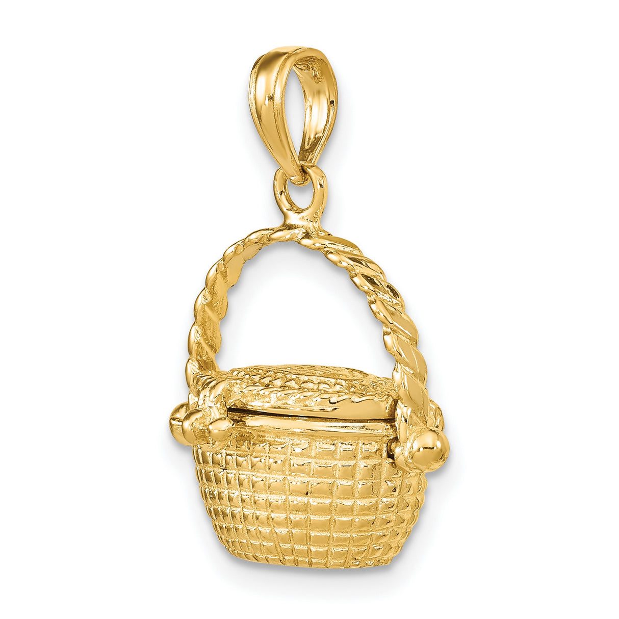 14k Yellow Gold Nantucket Basket Pendant with Hinged Lid, Woven Texture, Nautical Keepsake Charm