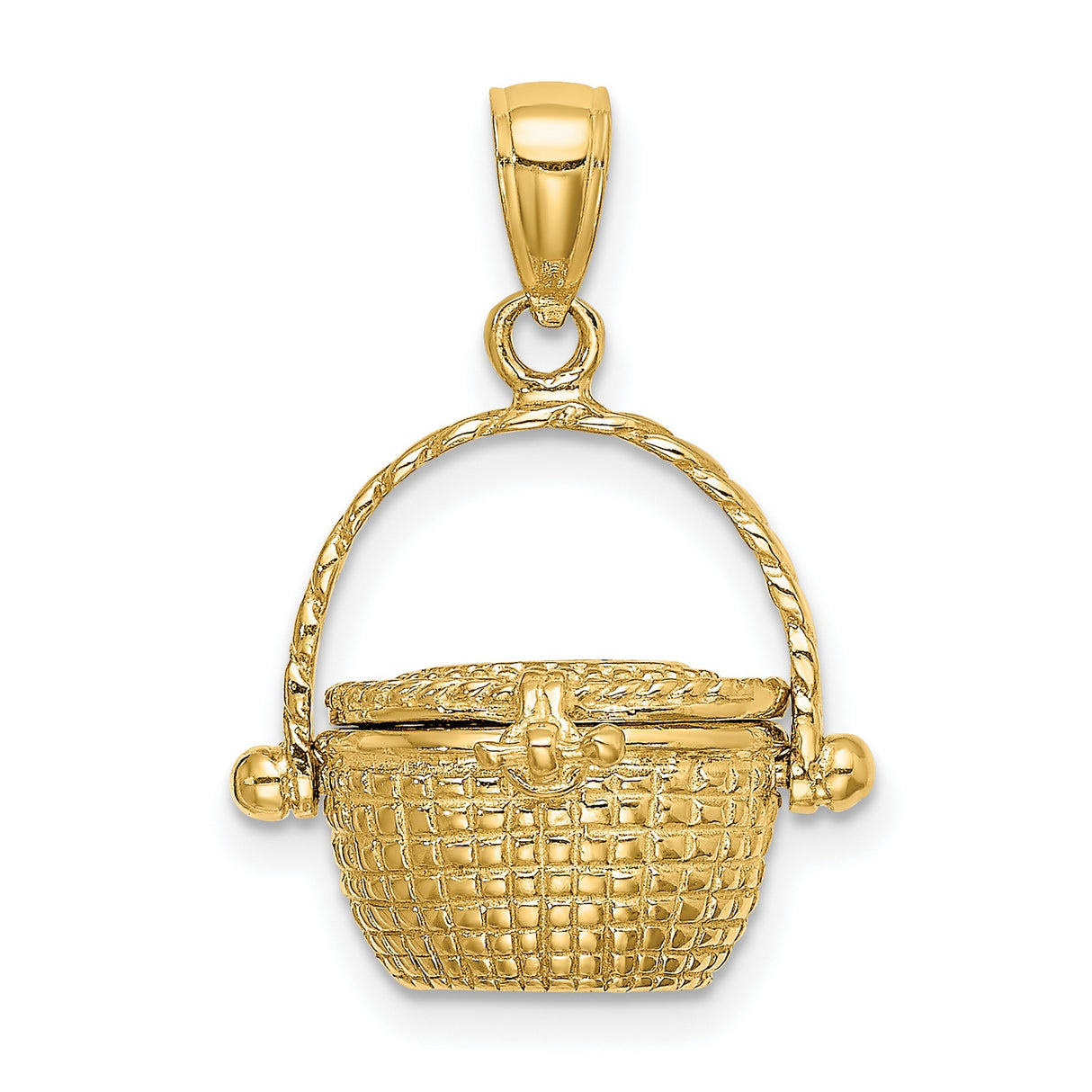 14k Yellow Gold Nantucket Basket Pendant with Hinged Lid, Woven Texture, Nautical Keepsake Charm