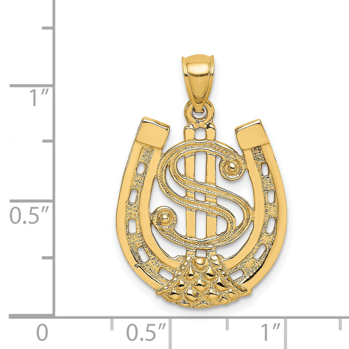14k Yellow Gold Dollar Sign in Horseshoe Pendant, Symbol of Wealth and Luck for Men