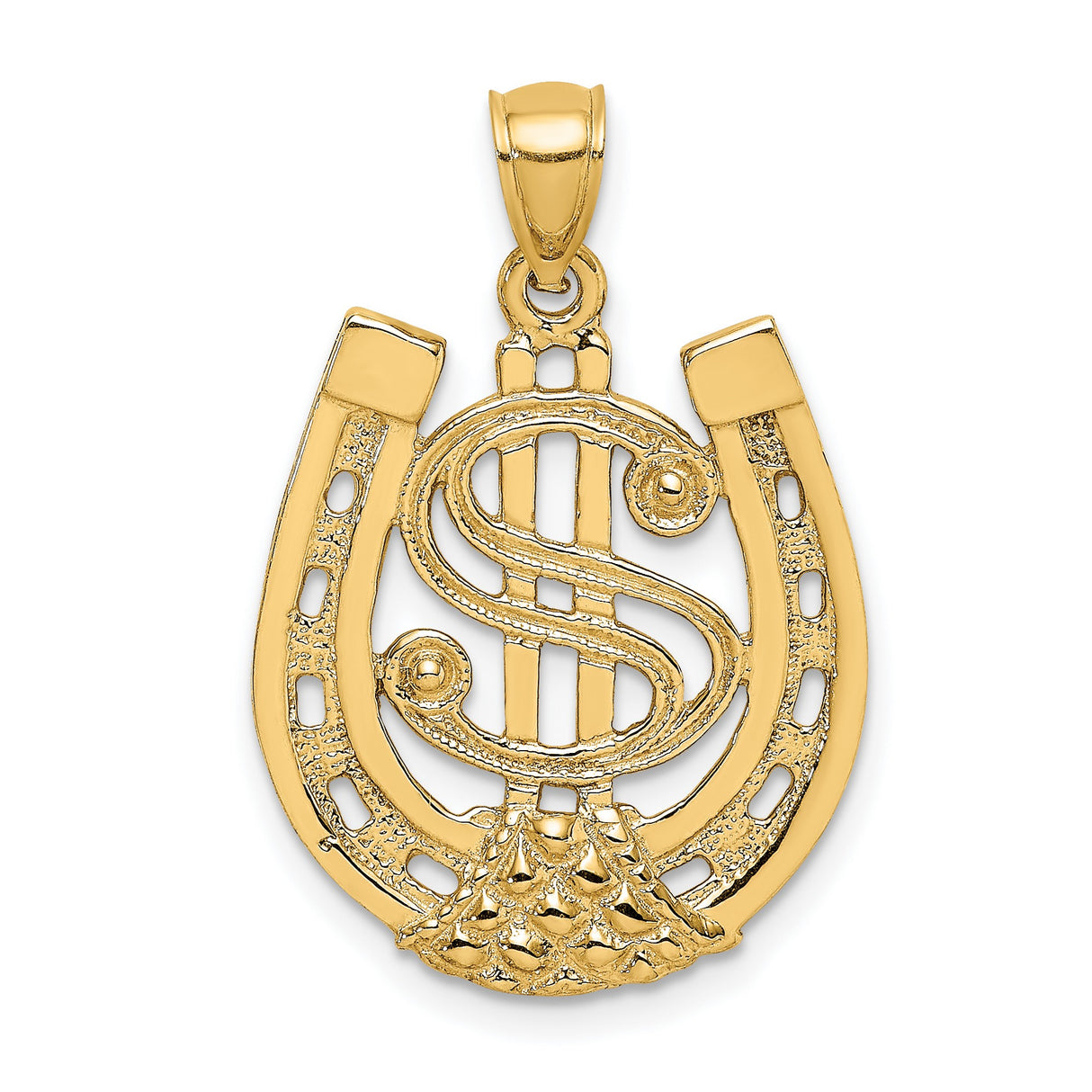 14k Yellow Gold Dollar Sign in Horseshoe Pendant, Symbol of Wealth and Luck for Men