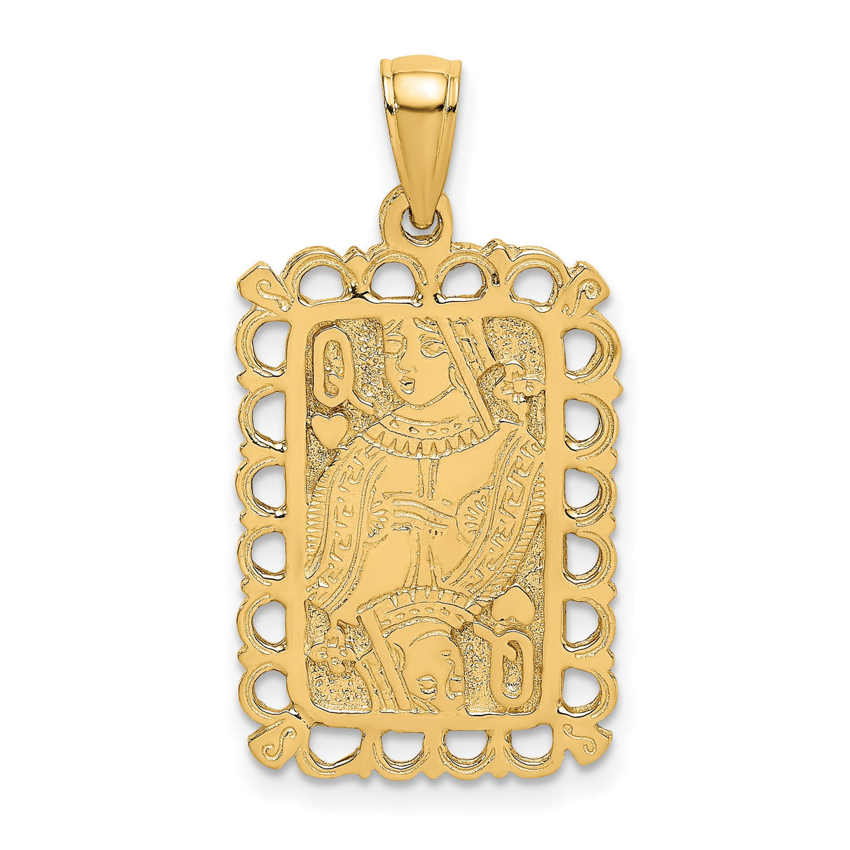 14k Yellow Gold Queen of Hearts Pendant with Lace Border, Playing Card Charm for Women