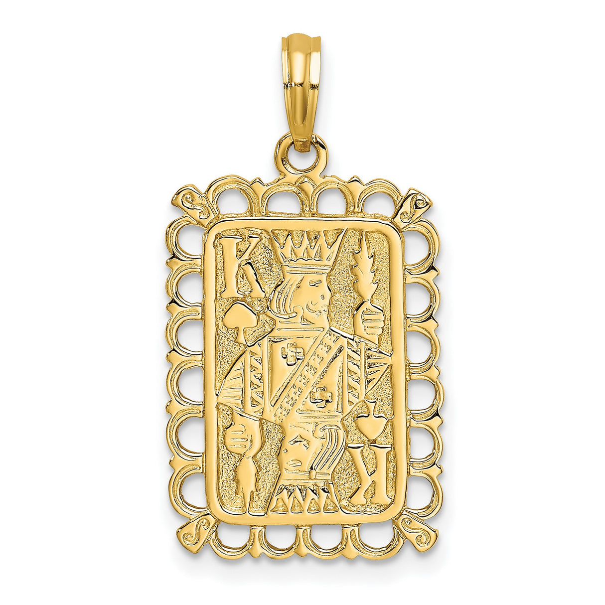 14k Yellow Gold King of Spades Rectangular Pendant, Scalloped Card Charm