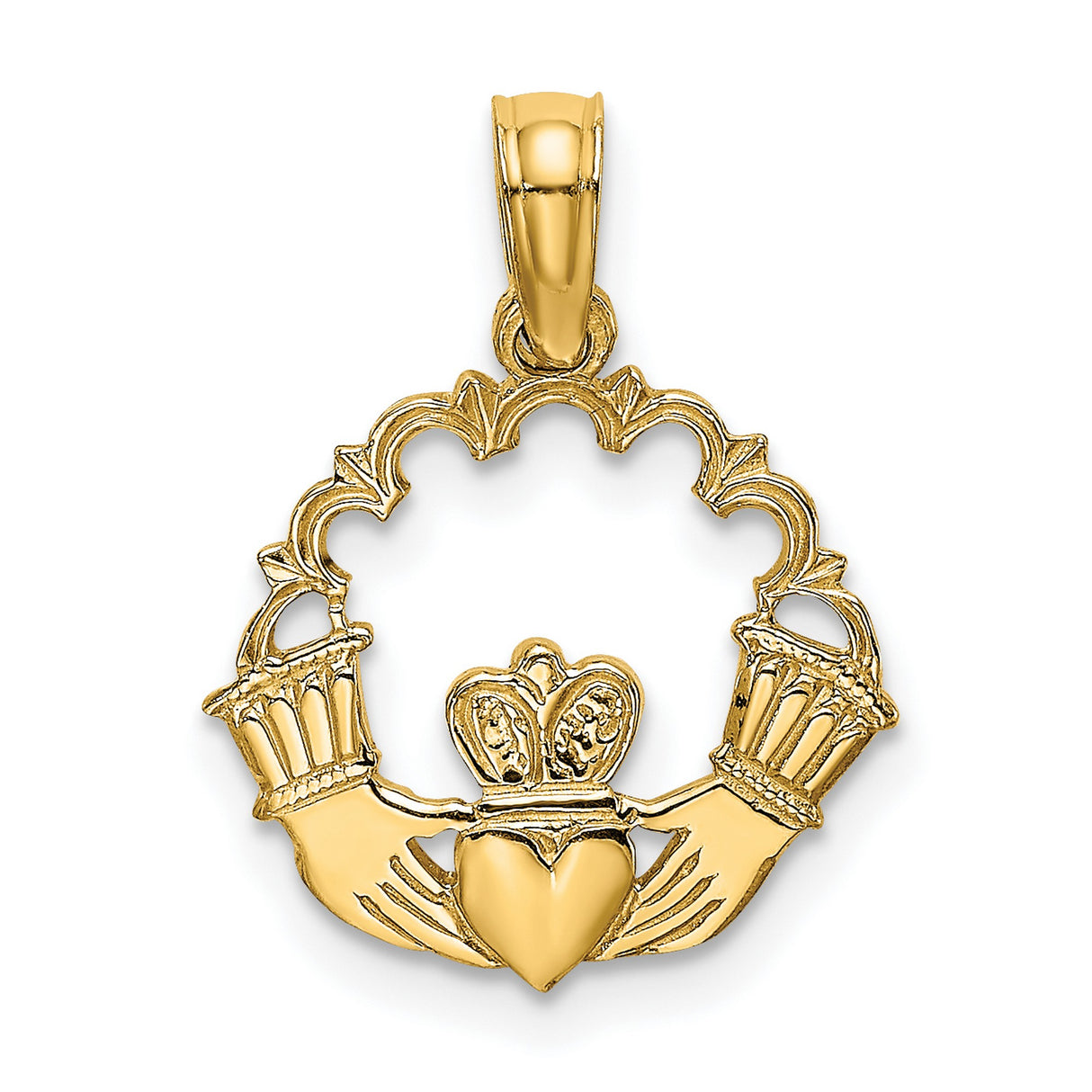 14k Yellow Gold Claddagh Pendant with Crowned Heart and Hands, Celtic Love Loyalty Friendship Symbol
