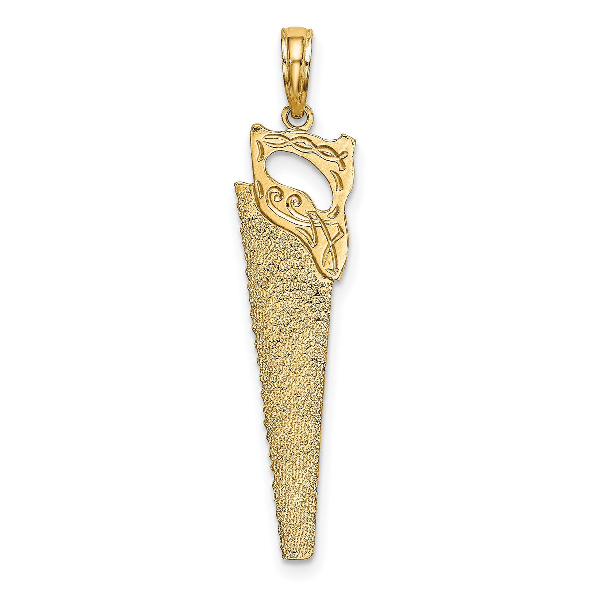 14k Yellow Gold Saw Pendant with Scrollwork Handle, Artisan Tool Design for Men or Unisex