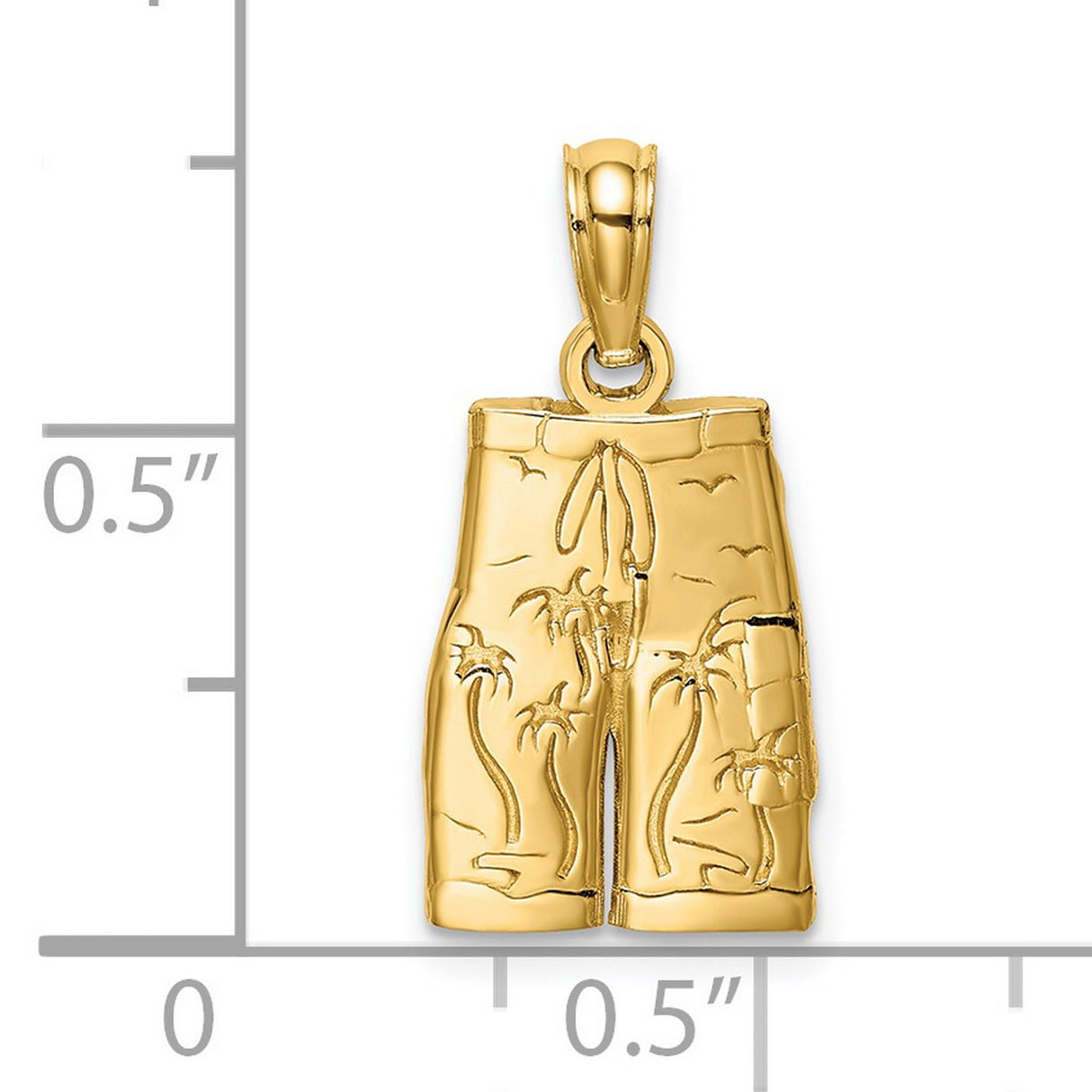14k Yellow Gold Beach Shorts Pendant with Palm Tree and Wave Engraving, Tropical Vacation Theme