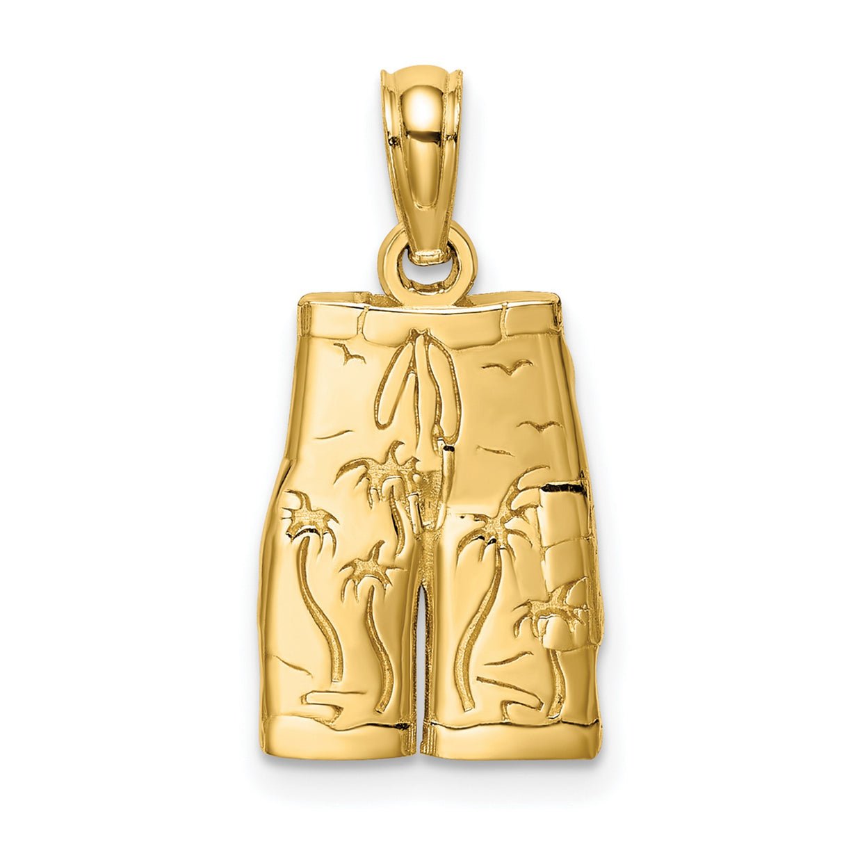 14k Yellow Gold Beach Shorts Pendant with Palm Tree and Wave Engraving, Tropical Vacation Theme