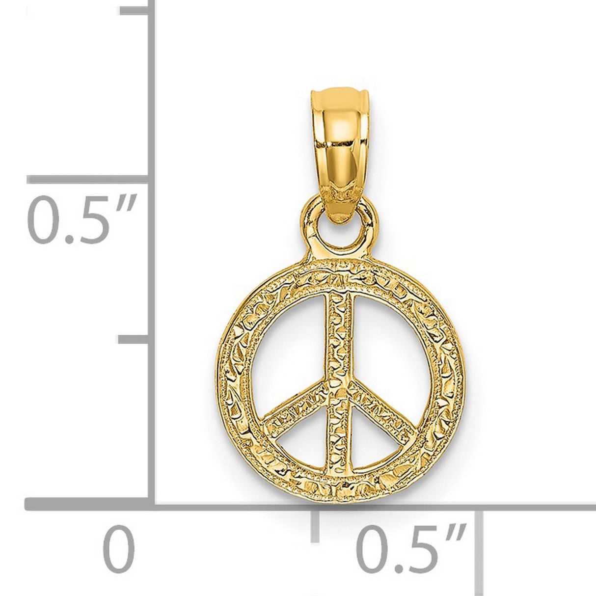 14k Yellow Gold Peace Symbol Pendant, Textured Charm with Boho Retro Spiritual Style for Women or Unisex Wear