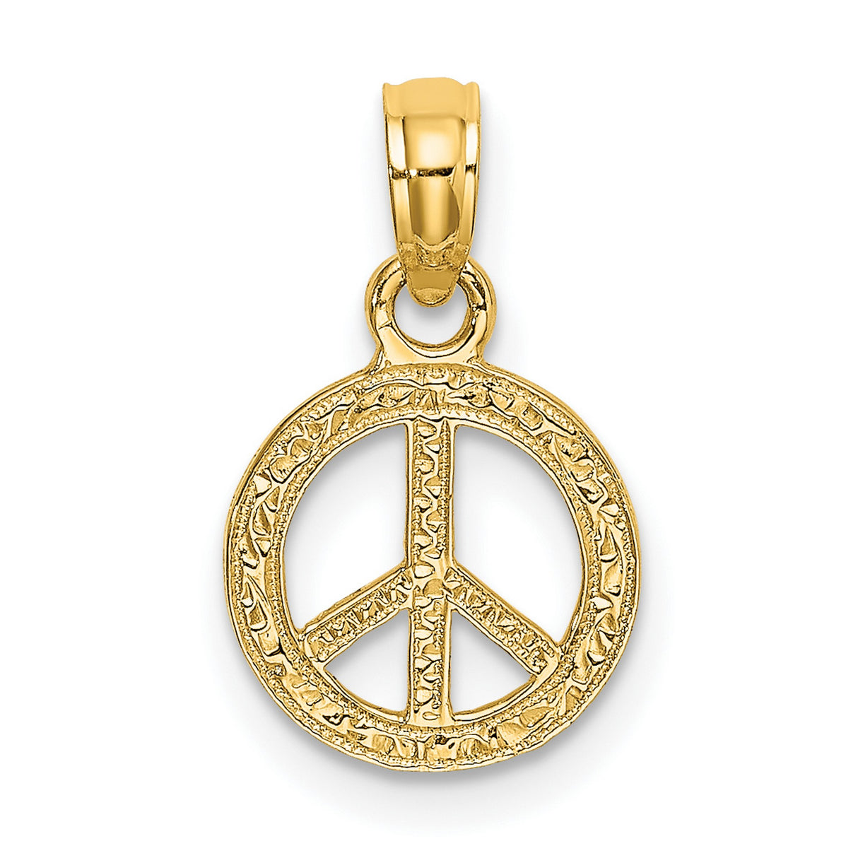 14k Yellow Gold Peace Symbol Pendant, Textured Charm with Boho Retro Spiritual Style for Women or Unisex Wear