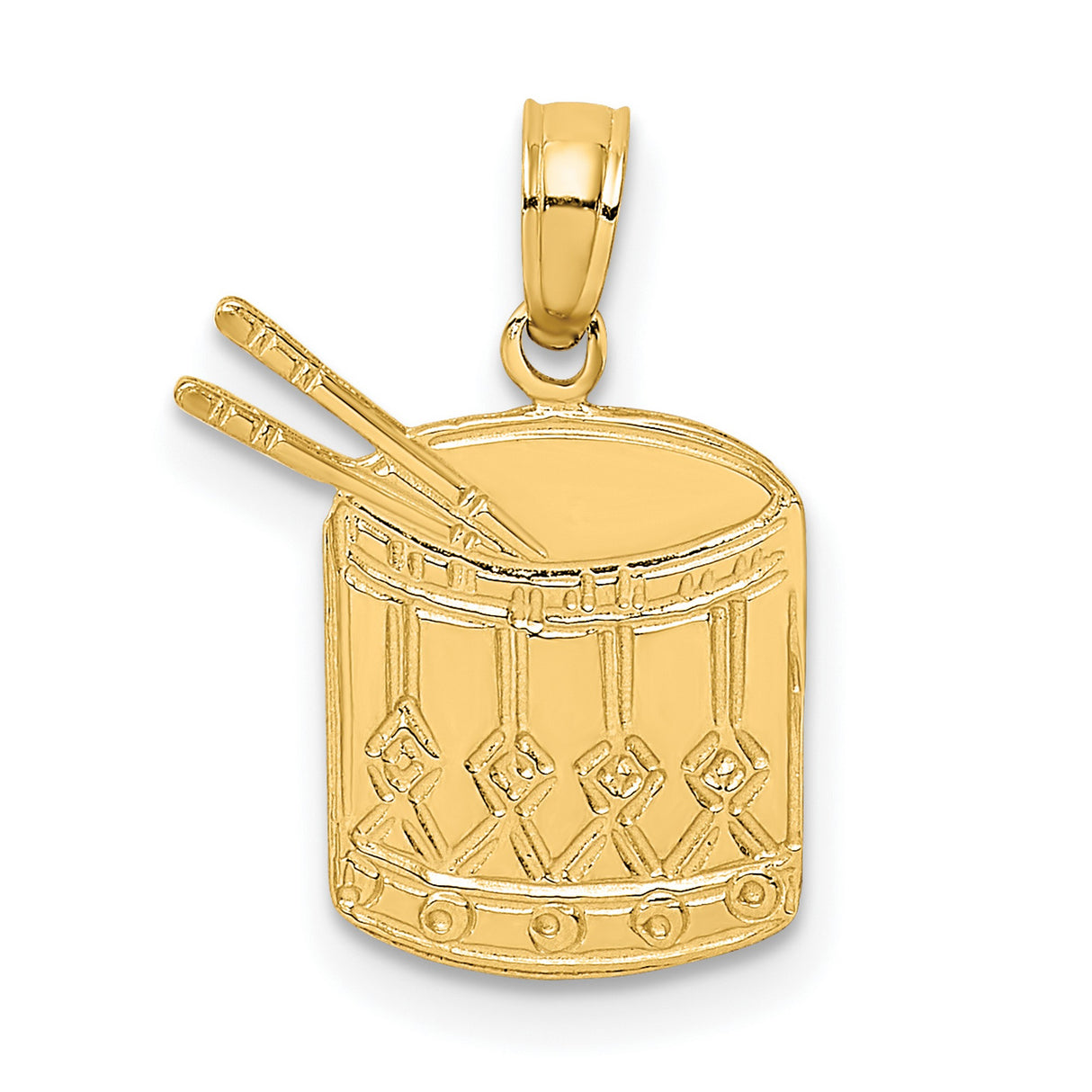 14k Yellow Gold Drum Pendant with Drumsticks and Rope Accents, Unisex Music Jewelry