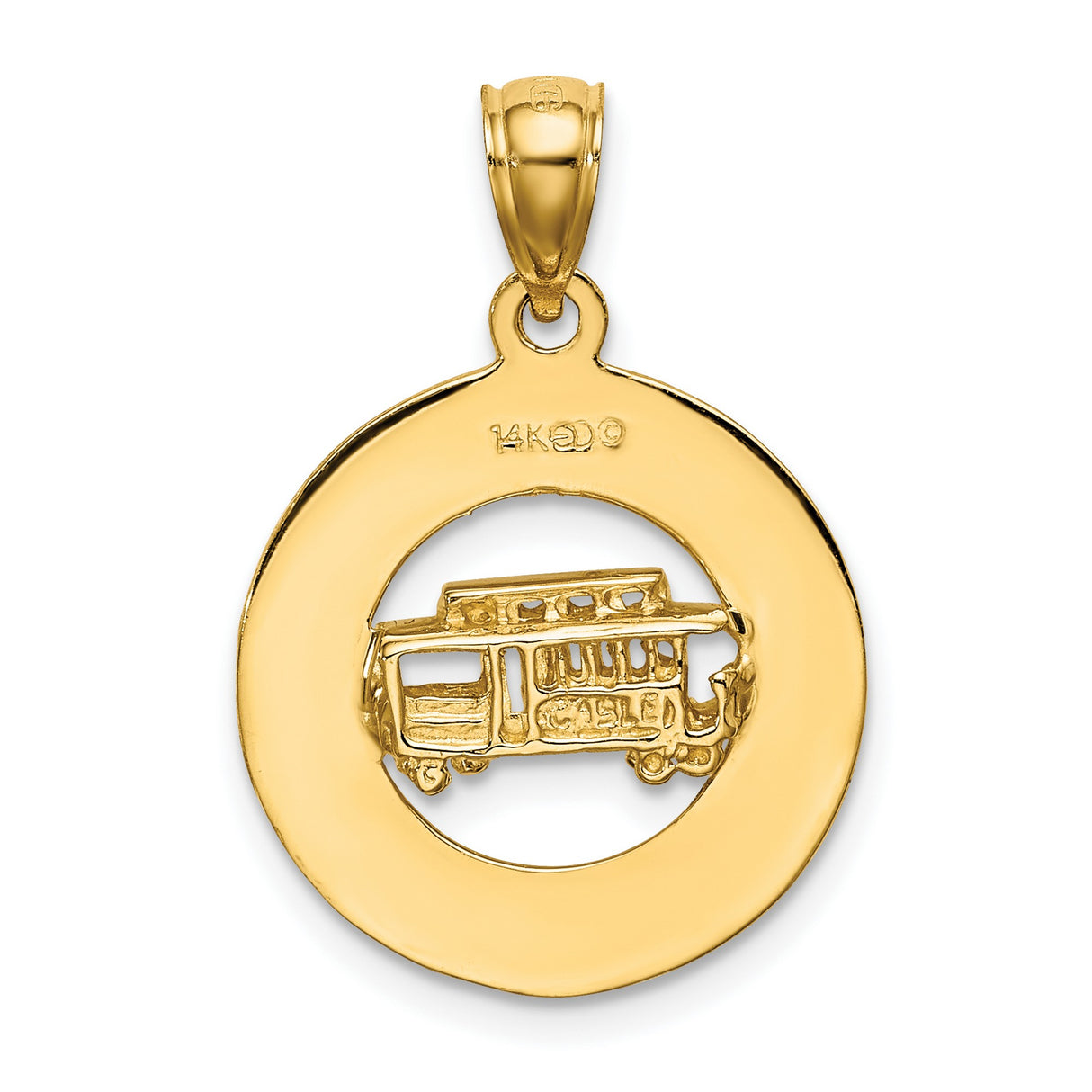 14k Yellow Gold San Francisco Cable Car Pendant, Trolley in Circular Frame, Travel Charm