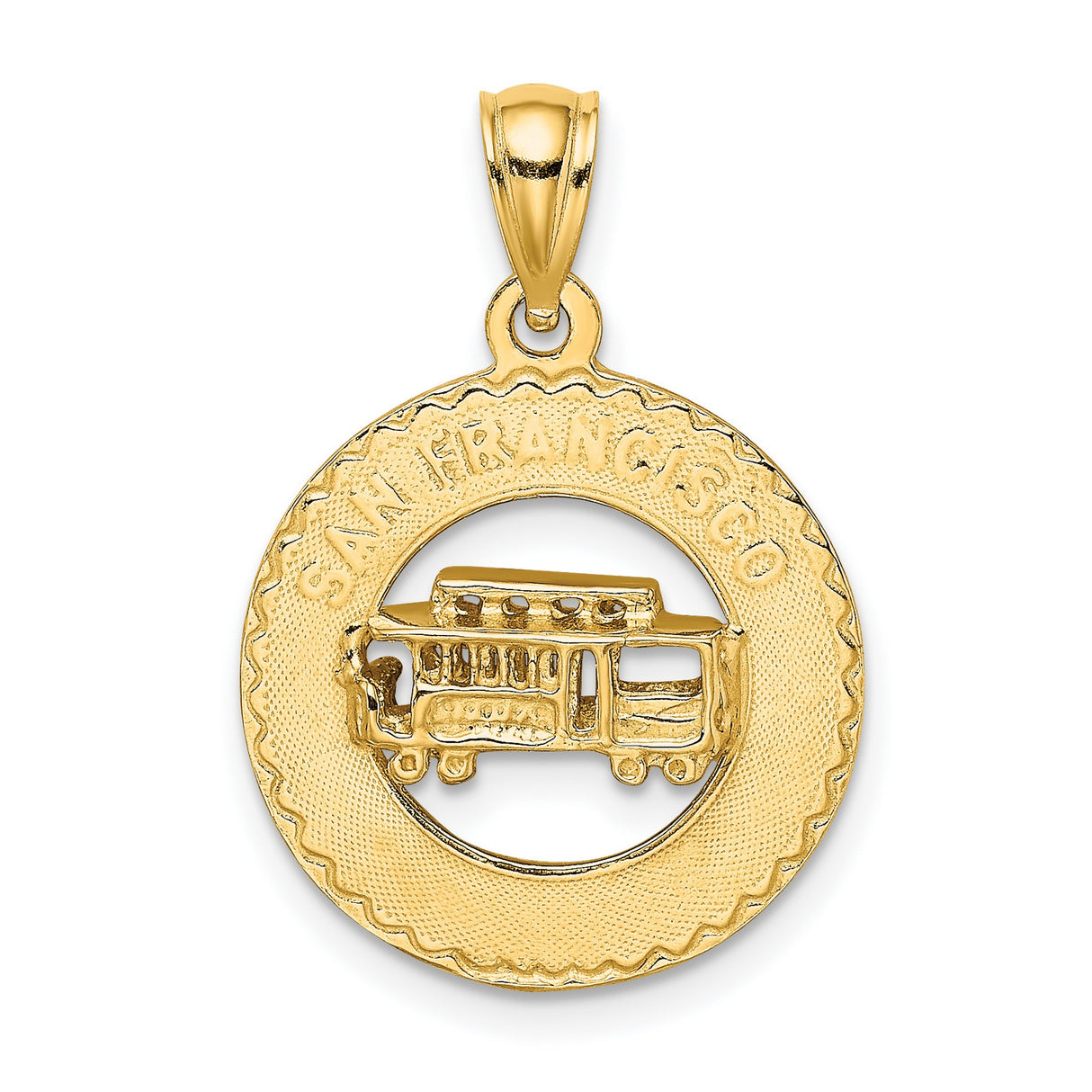 14k Yellow Gold San Francisco Cable Car Pendant, Trolley in Circular Frame, Travel Charm