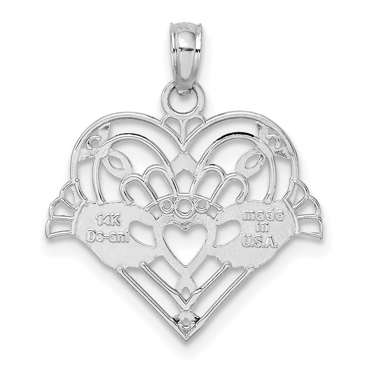 14k White Gold Claddagh Pendant with Heart, Crown, Hands, and Celtic Knot Design