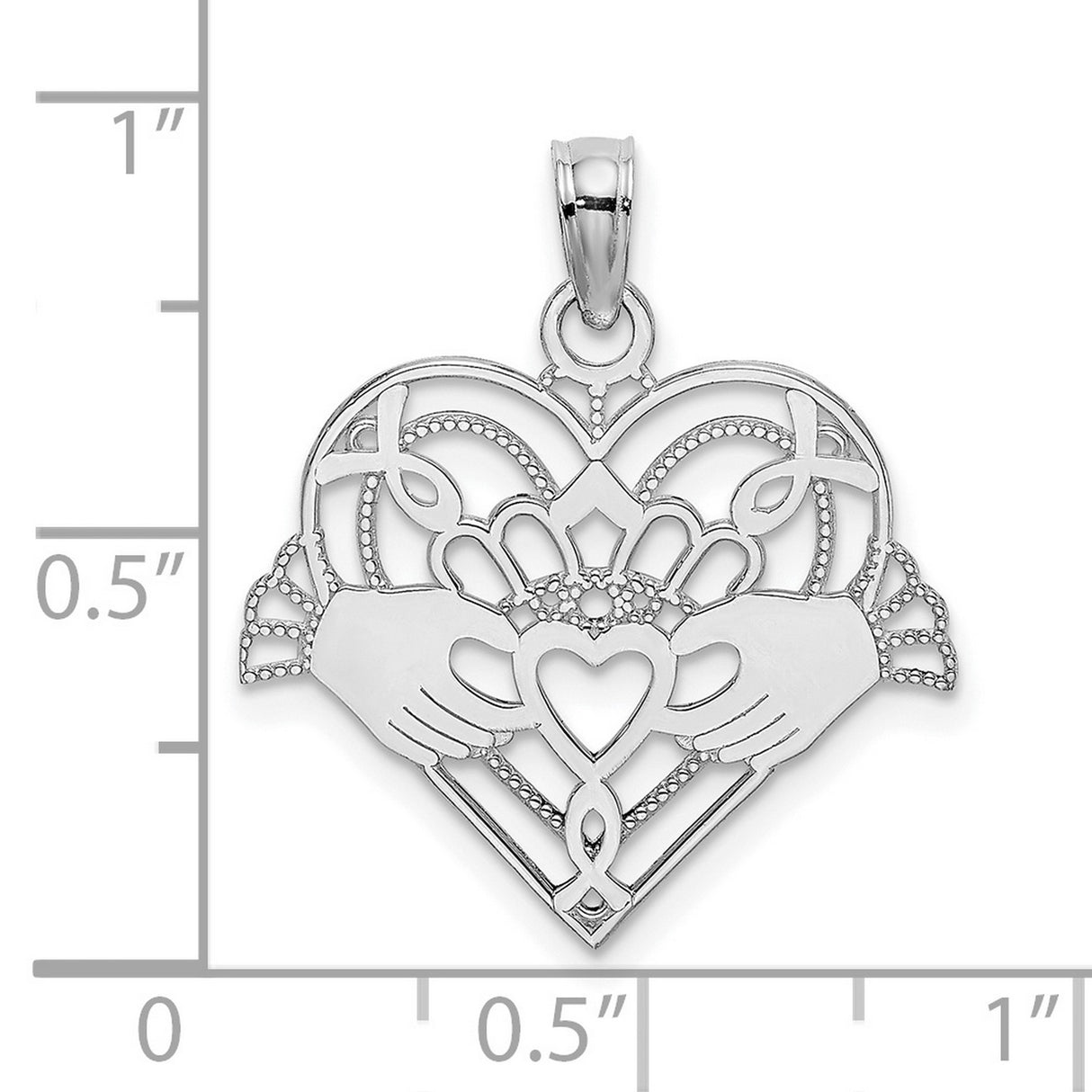 14k White Gold Claddagh Pendant with Heart, Crown, Hands, and Celtic Knot Design