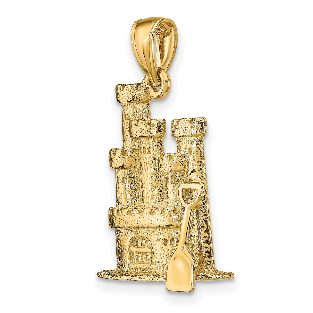 14k Yellow Gold Sandcastle Pendant with Shovel, Coastal Beach Charm for Women or Unisex Wear