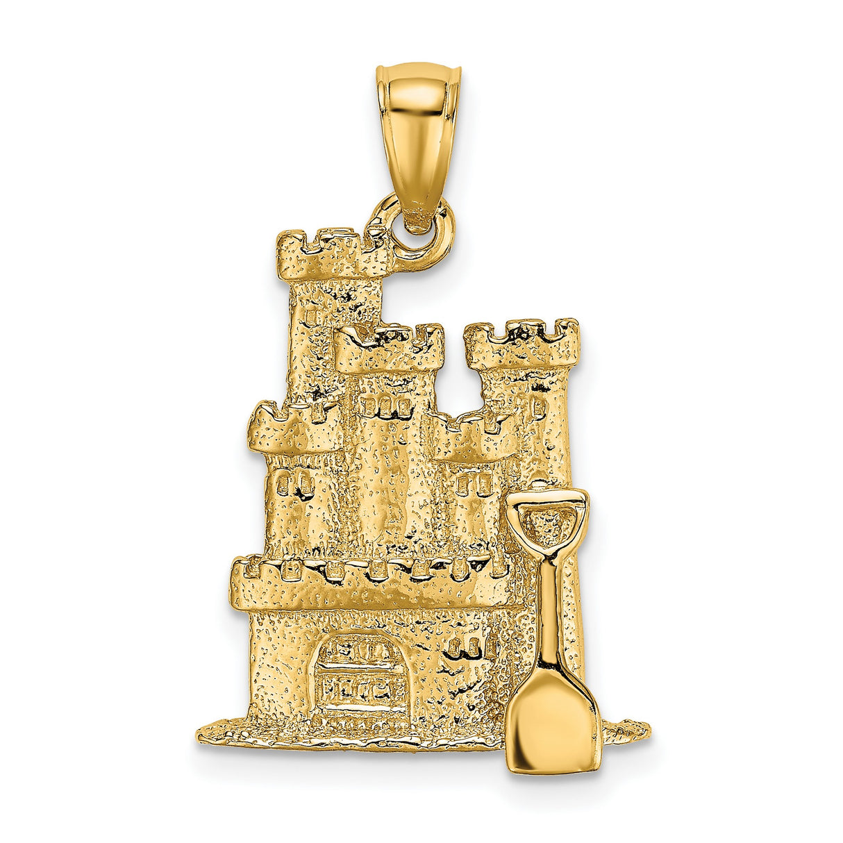 14k Yellow Gold Sandcastle Pendant with Shovel, Coastal Beach Charm for Women or Unisex Wear