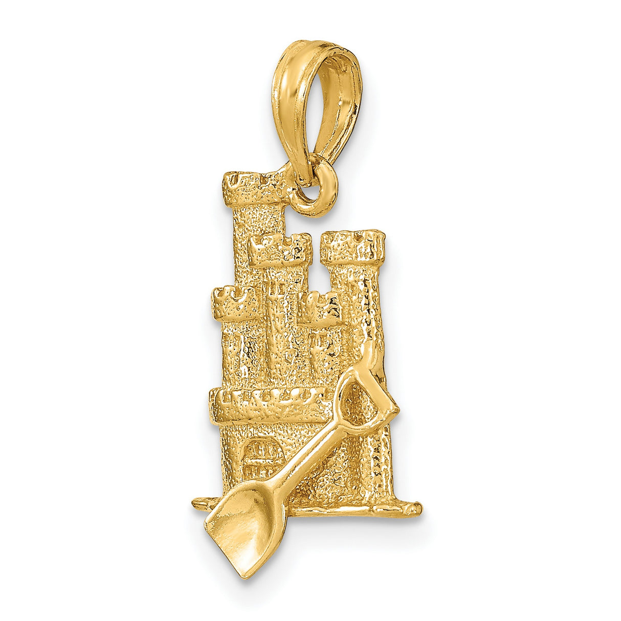 14k Yellow Gold Sandcastle Pendant with Shovel Detail, Coastal Beach Design