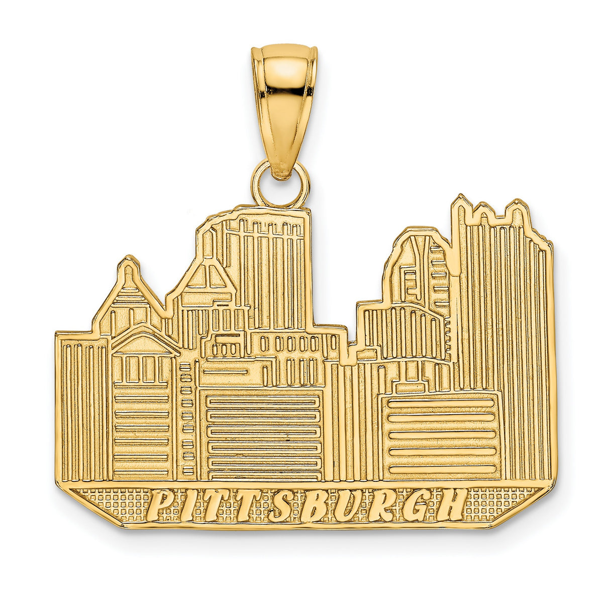 14k Yellow Gold Pittsburgh Skyline Pendant with City Landmark Design
