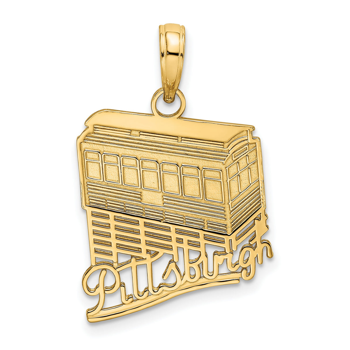 14k Yellow Gold Pittsburgh Incline Pendant with Script Engraving, Tram Charm Cityscape Jewelry