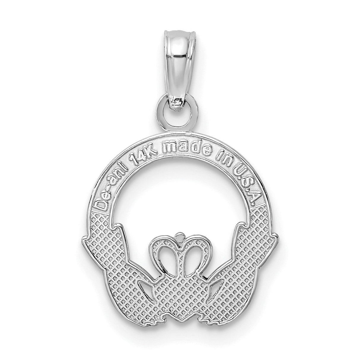 14k White Gold Claddagh Pendant with Crowned Heart and Hands, Celtic Love Loyalty Friendship Charm