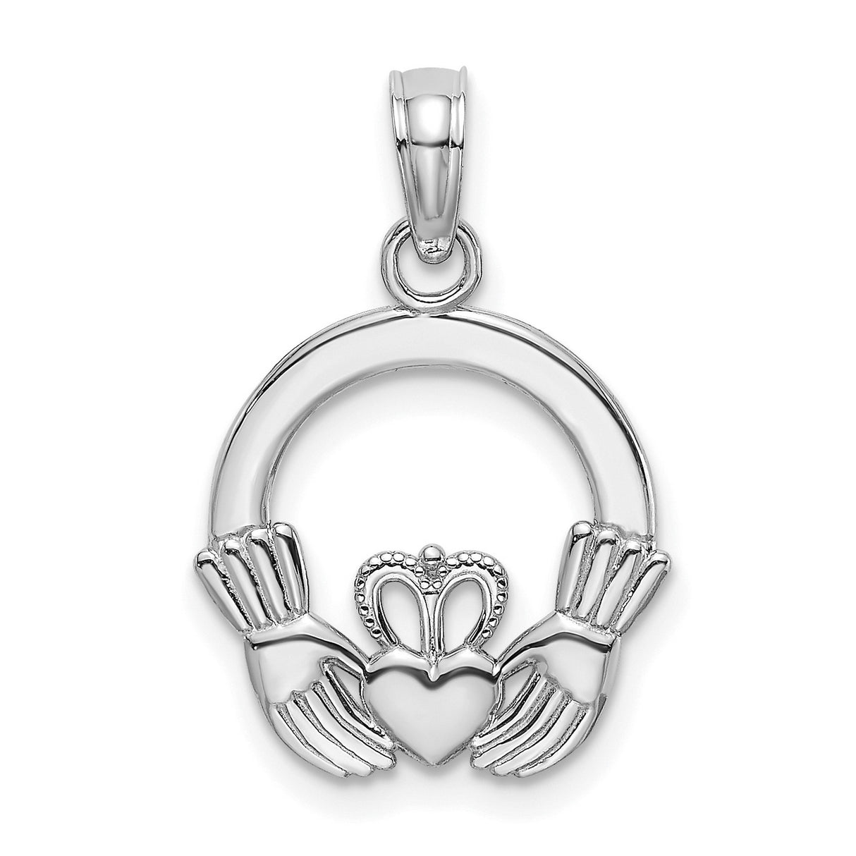 14k White Gold Claddagh Pendant with Crowned Heart and Hands, Celtic Love Loyalty Friendship Charm