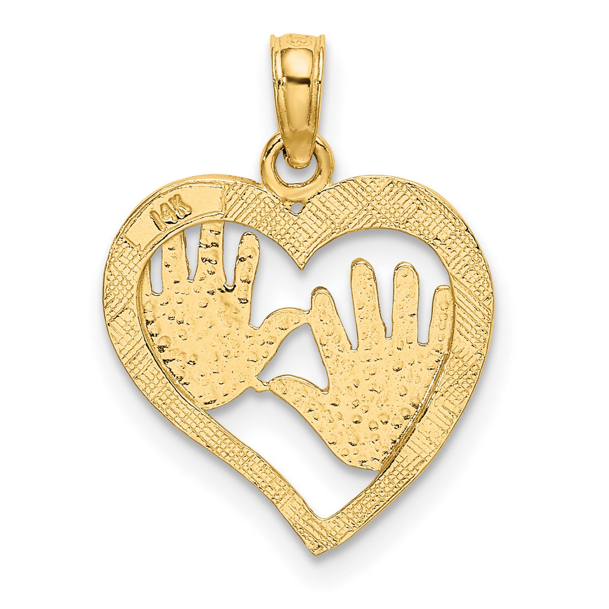 14k Yellow Gold Pendant with Baby Handprints in Textured Open Heart, Motherhood Keepsake Charm