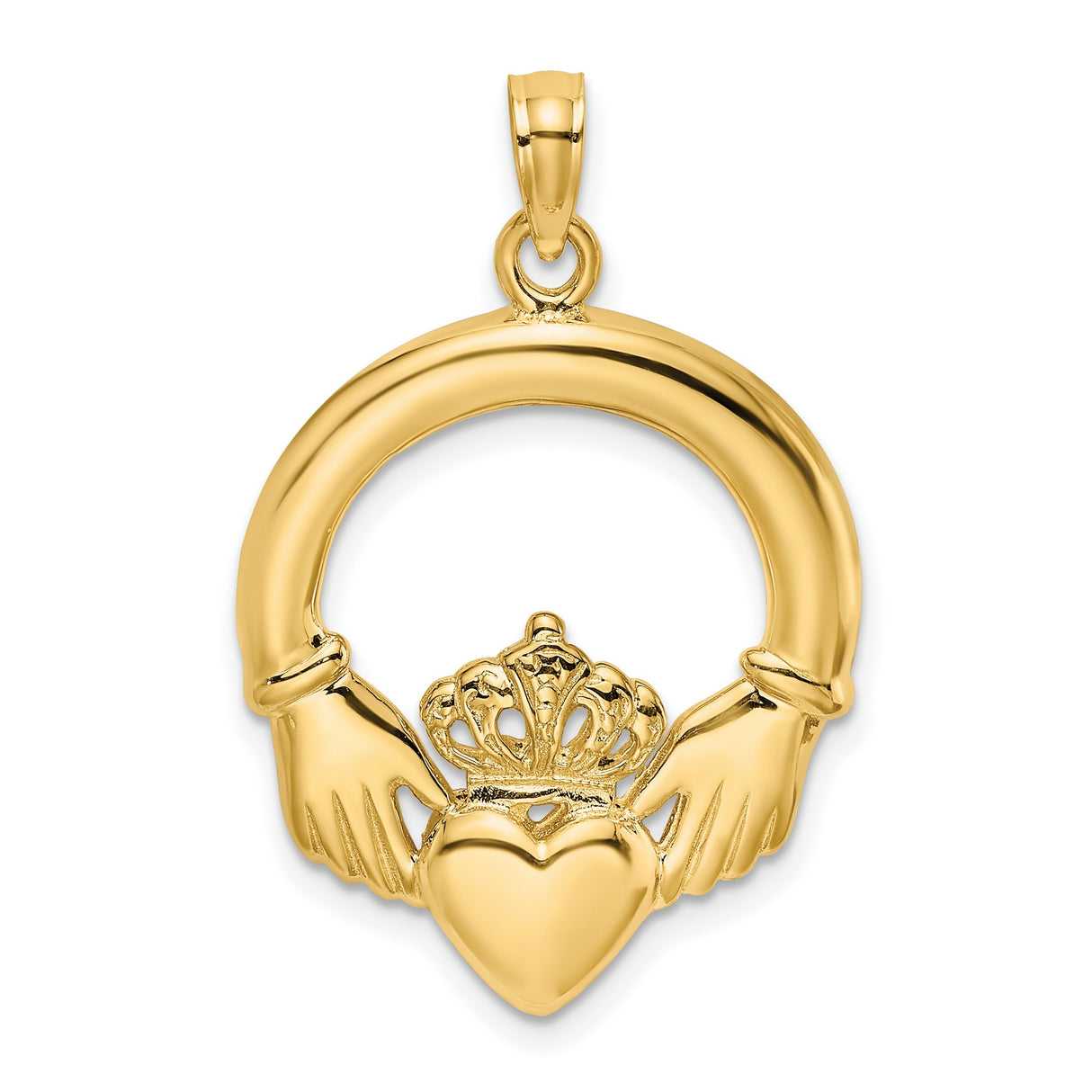 14k Yellow Gold Claddagh Pendant with Heart, Hands and Crown Symbol, Celtic Irish Jewelry