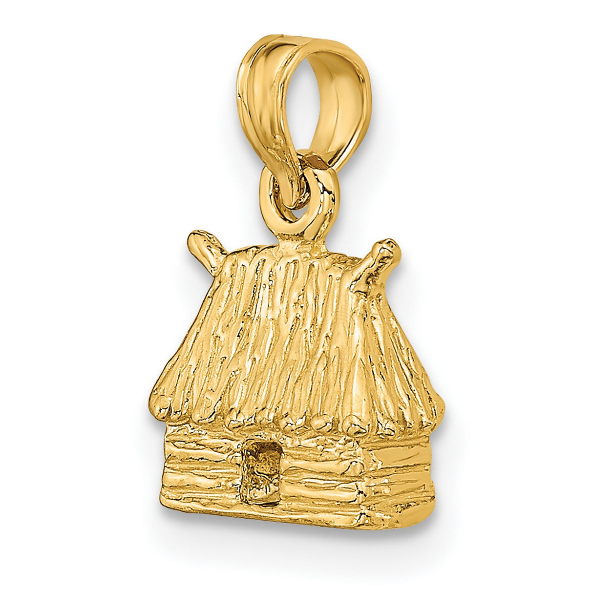 14k Yellow Gold Hut Pendant, Log Cabin Charm with Thatched Roof, Rustic Heritage Design